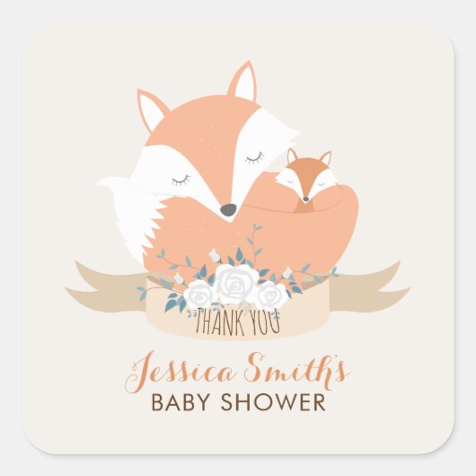 Mama und Baby Fox Babydusche Quadratischer Aufkleber (Vorderseite)