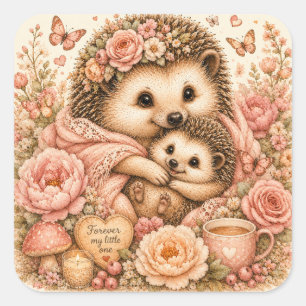 Mama und Baby-Igel Kuschelige Blumen Quadratischer Aufkleber