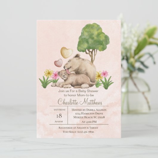 Mama und Baby Lion Jungle Sarfari Babydusche Einladung (Stehend Vorderseite)