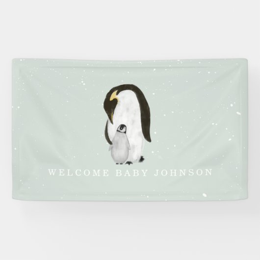 Mama und Baby Penguins Blue Boy Baby Dusche Banner (Horizontal)