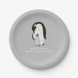 Mama und Baby Penguins Neutral Gray Baby Dusche Pappteller