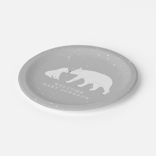Mama und Baby Polar Bear Grau Winter Baby Dusche Pappteller (Schrägansicht)