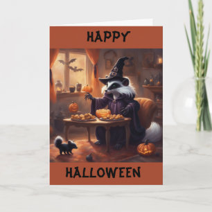 Mama und Baby-Stinktier in der Halloween-Nacht Feiertagskarte
