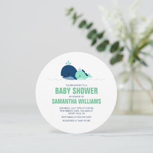 Mama und Baby Whale Neutral Gender Baby Dusche Einladung (Stehend Vorderseite)