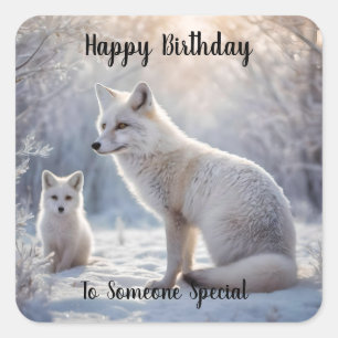 Mama und Baby White Arctic Fox, Geburtstag Quadratischer Aufkleber