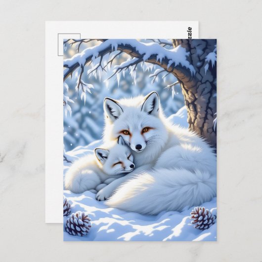 Mama und Baby White Foxes im Schnee Postkarte (Vorne/Hinten)