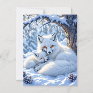 Mama und Baby White Foxes im Schnee Postkarte