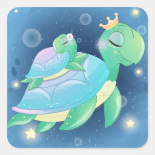 Mama und Babyseeschildschildkröte Quadratischer Aufkleber