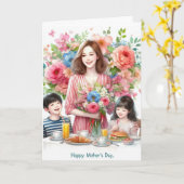 Mama und Kinder Muttertagsferien Karte (Gelbe Blume)