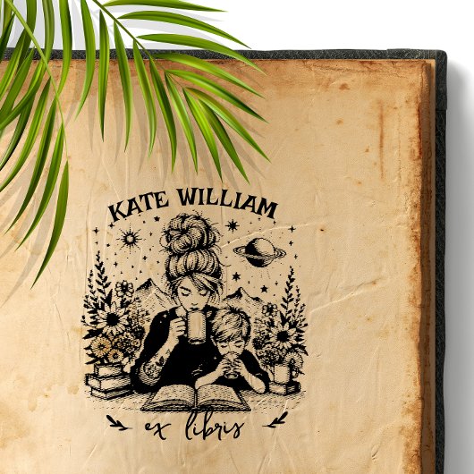 Mama und Sohn mit Buch Custom ex libris Permastempel
