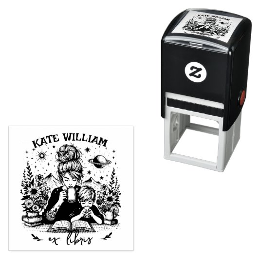 Mama und Sohn mit Buch Custom ex libris Permastempel (Beispiel)