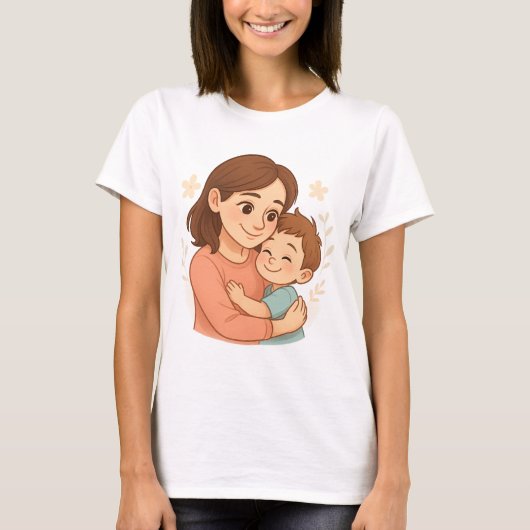 Mama und Son Hug Cartoon T - Shirt Niedlich Mutter (Vorderseite)