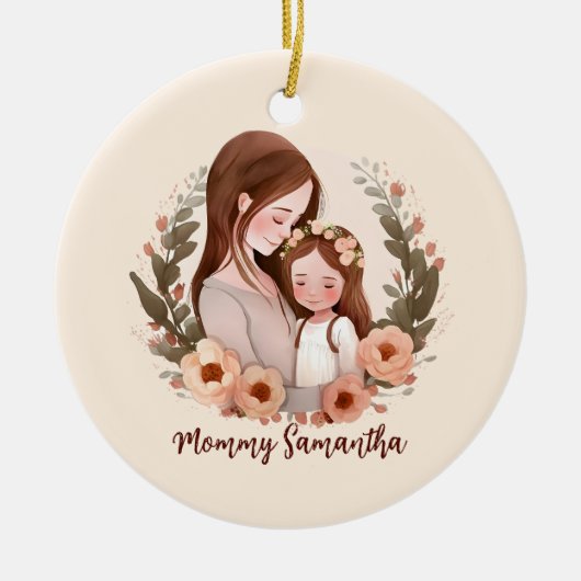 Mama und Tochter mit Rose Kranz 2 Keramik Ornament (Vorne)