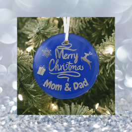 Mama und Vater Frohe Weihnachten Silber auf Blau | Ornament Aus Glas