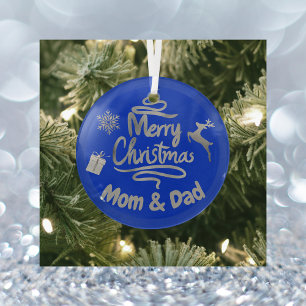 Mama und Vater Frohe Weihnachten Silber auf Blau Ornament Aus Glas