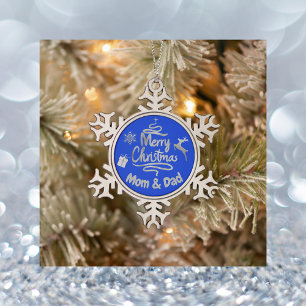 Mama und Vater Frohe Weihnachten Silber auf Blau Schneeflocken Zinn-Ornament