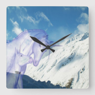 Mama Unicorn und Baby Quadratische Wanduhr