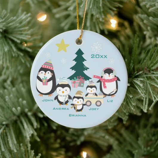 Mama, Vater & Drei Kinder ~ Pinguine Keramik Ornament (Baum)