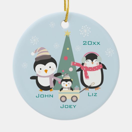 Mama, Vater & Kinderpinguine Keramik Ornament (Vorne)