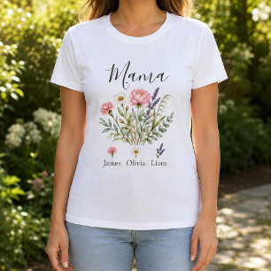 Mama Watercolor Blumen mit Kindernamen T-Shirt