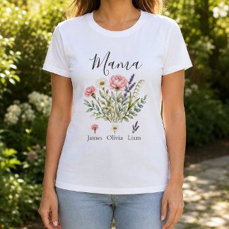 Mama Watercolor Blumen mit Kindernamen T-Shirt