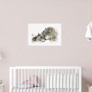 Mama Watercolor Wolf Cubs Art Poster