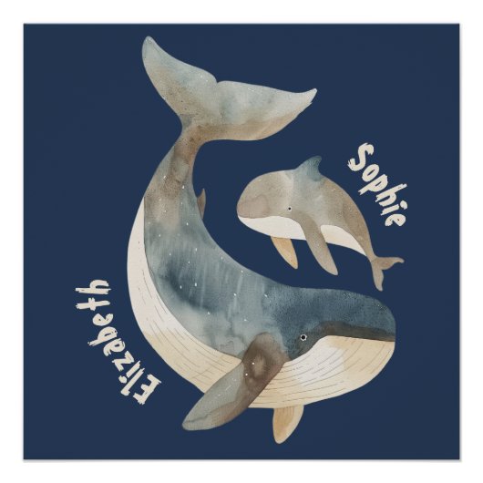 Mama Whale Navy Blue Monogram Name Mother's Day Poster (Vorderseite)