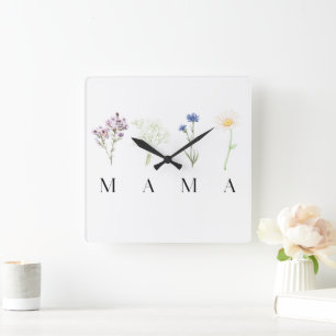 Mama Wild Floral Muttertags- oder Geburtstagsgesch Quadratische Wanduhr