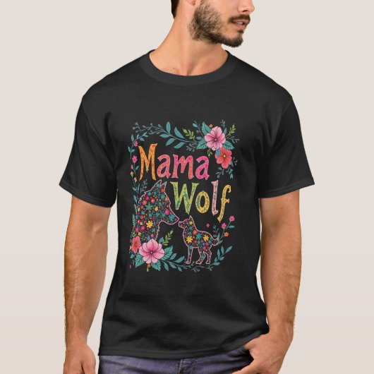 Mama Wolf Blumen Wolf Design T-Shirt (Vorderseite)