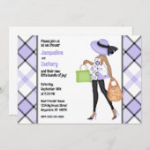 Mama-zu-be (dunkle Haut) Lila Karierte Babydusche Einladung (Vorne/Hinten)