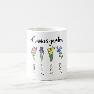Mamas Blumengarten mit 4 personalisierten Namen Kaffeetasse