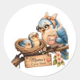 Mamas gemütliches Nest – Muttervogel & Baby-Aufkle Runder Aufkleber
