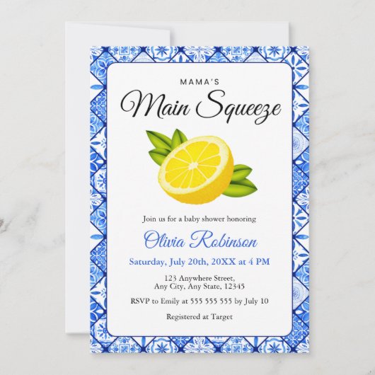 Mama's Haupt Squeeze Blue Tile Lemon Baby Dusche Einladung (Vorderseite)