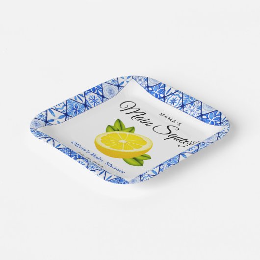 Mama's Haupt Squeeze Blue Tile Lemon Baby Dusche Pappteller (Gewinkelt)