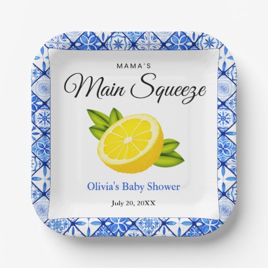 Mama's Haupt Squeeze Blue Tile Lemon Baby Dusche Pappteller (Vorderseite)