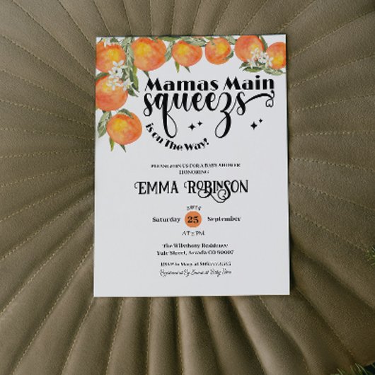 Mamas Main Squeeze Baby Dusche Orange Wasserfarbe Einladung