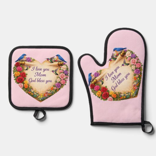 Mamas rosa Blumen-Herz-Ofenhandschuhe / Topflappen Ofenhandschuh & Topflappen-Set (Vorderseite)