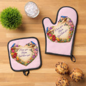 Mamas rosa Blumen-Herz-Ofenhandschuhe / Topflappen Ofenhandschuh & Topflappen-Set (Oben Unten)
