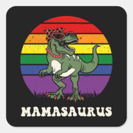 Mamasaurus Funny Dinosaur auf Rainbow Flag Sunset Quadratischer Aufkleber