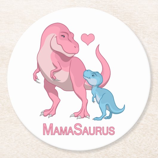 MamaSaurus T-Rex und Baby Boy Dinosaurier Runder Pappuntersetzer (Vorderseite)