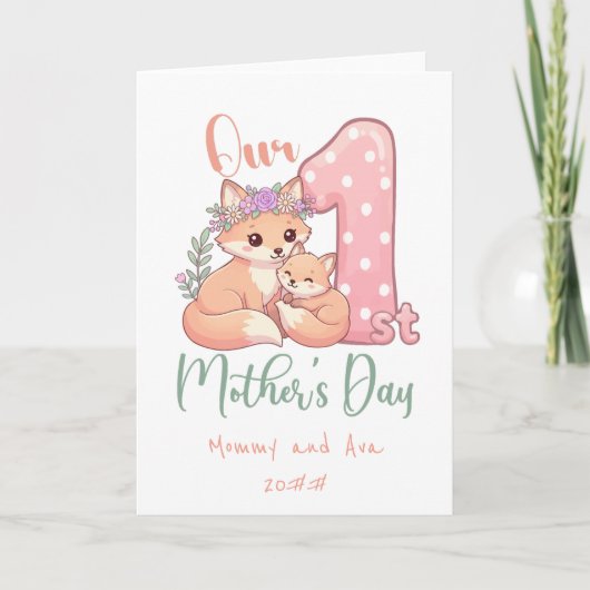 Mami und Baby Fuchs Rosa 1. Muttertag Karte (Vorderseite)