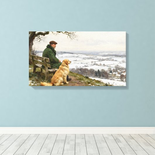 Man and Dog Enjoying Winter Countryside Vista Leinwanddruck (Insitu (Holzboden))