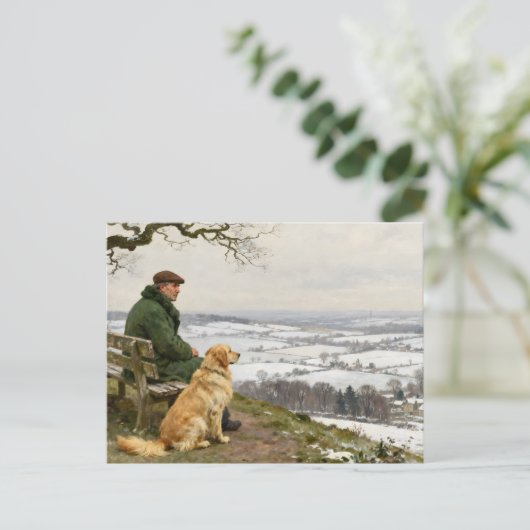 Man and Dog Enjoying Winter Countryside Vista Postkarte (Stehend Vorderseite)