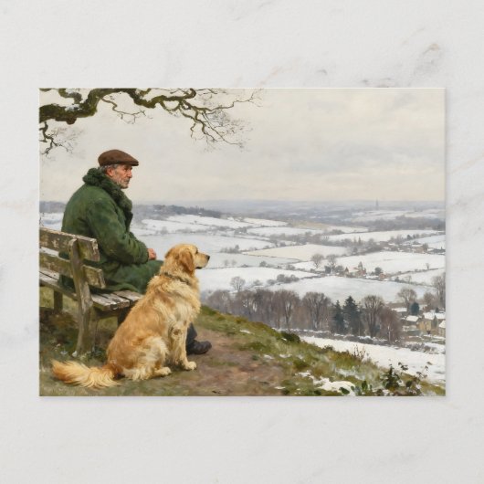 Man and Dog Enjoying Winter Countryside Vista Postkarte (Vorderseite)
