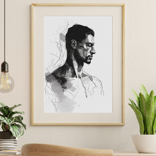 Man Black and White Line Art Poster