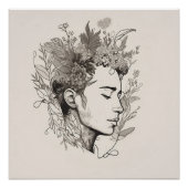 Man Black Line Art mit Blume Boho Stil Poster (Vorderseite)