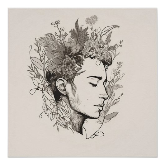 Man Black Line Art mit Blume Boho Stil Poster (Vorderseite)