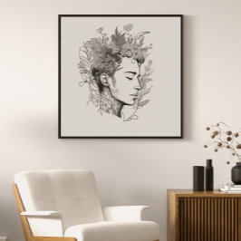 Man Black Line Art mit Blume Boho Stil Poster