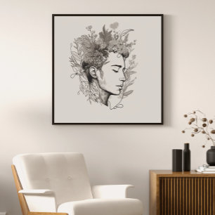 Man Black Line Art mit Blume Boho Stil Poster