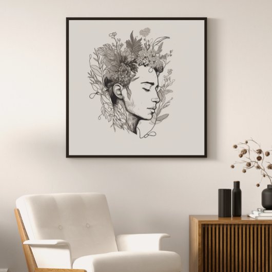 Man Black Line Art mit Blume Boho Stil Poster